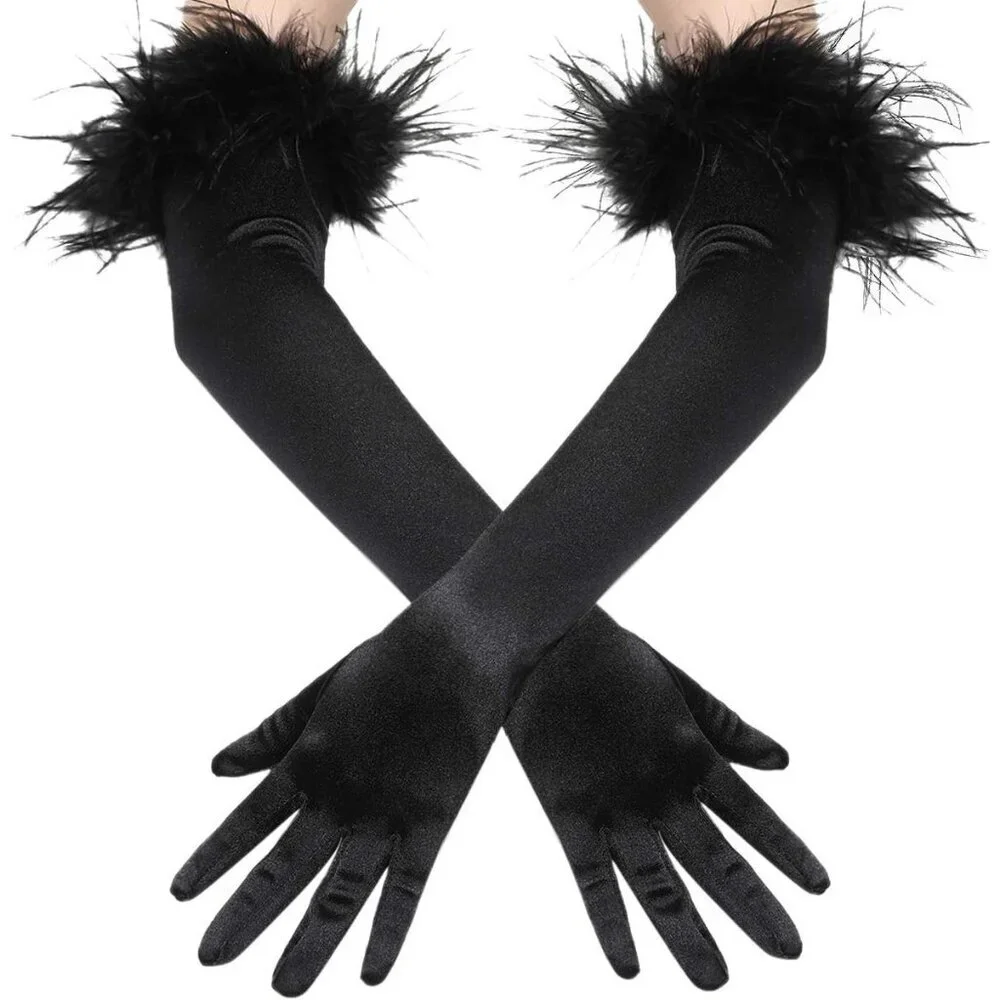 Women's Evening Black Feather Long Satin Gloves Stretchy Elbow Halloween Costume